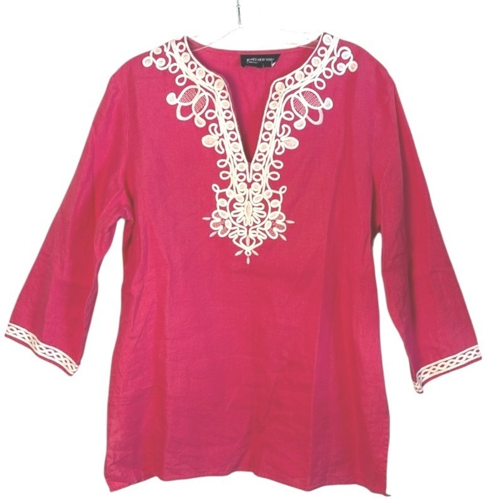 Jones New York Women‎ Signature Pink Linen Embroidered Tunic Top Boho Chic L